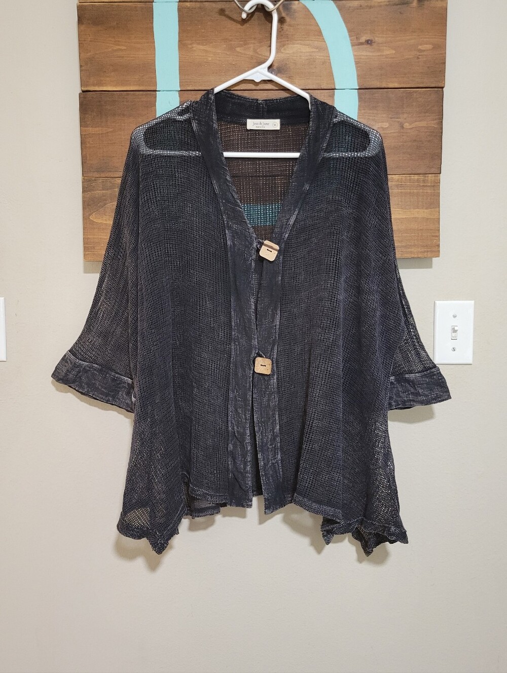 Jess & Jane Mineral Wash Charcoal Cotton Mesh Button Front Lagenlook Cardigan